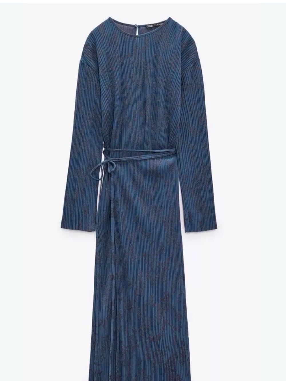 Zara Blue Long Sleeve Wrap Jacquard pleated midi Dress Size S